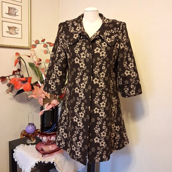 NEW Women’s Elegant Pea Coat Brown Cream Floral Lined Trench Coat ¾ Sleeve 16 XL - Picture 4 of 10